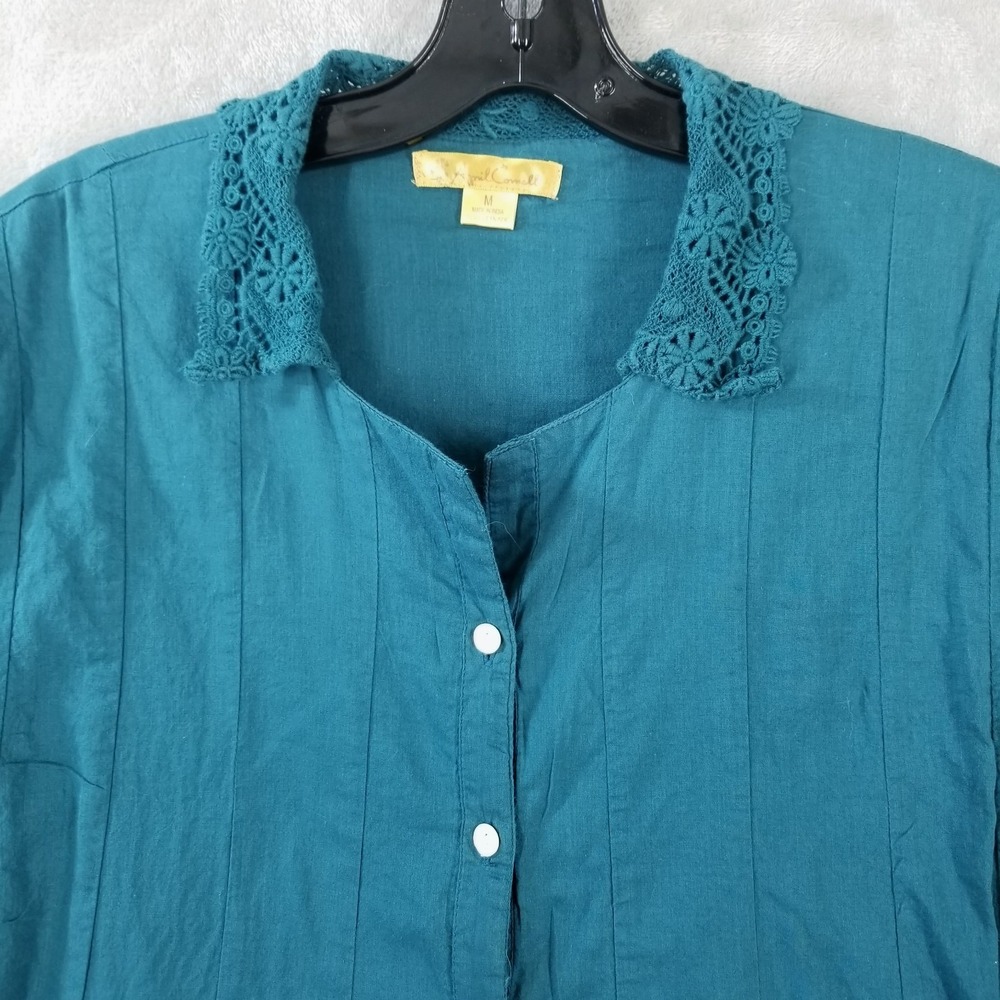 Vintage April Cornell Dress M Blue Lace Cotton Button Front Duster Prairie Boho - Picture 2 of 8